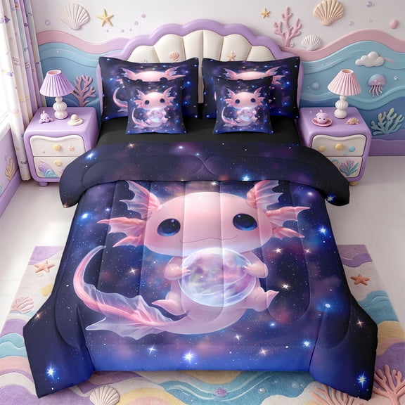 Manfei Colorful Axolotl 7-Piece Twin Bedding,Cute Aniaml Salamander Bedding Comforter Set,Black Reversible