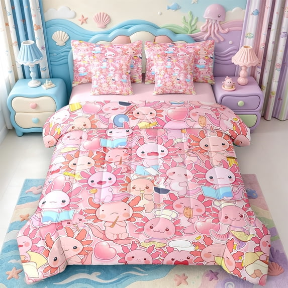 Manfei Colorful Axolotl 7-Piece Twin Bedding,Ocean Themed Animal Bedding Comforter Set,Pink Reversible