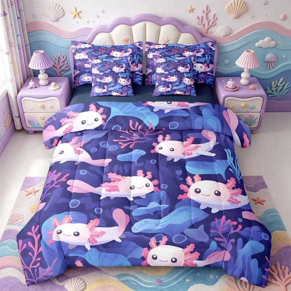 Manfei Colorful Axolotl 7-Piece Twin Bedding,Sealife Amphibian Bedding Comforter Set,Navy Blue Reversible