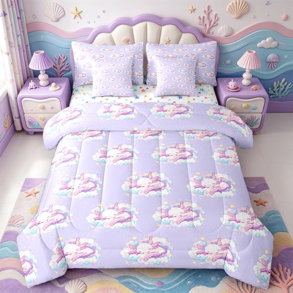 Manfei Colorful Axolotl 7 Pieces Full Size Bedding Sets,Underwater Amphibian Full Size Bed in a Bag,Colorful Stars Reversible