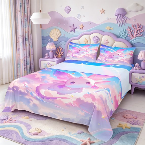 Manfei Colorful Axolotl Bed Sheets,Kawaii Animals Pattern Full Size Sheets,4 Pieces,1 Flat Sheet,1 Fitted Sheet and 2 Pillowcases