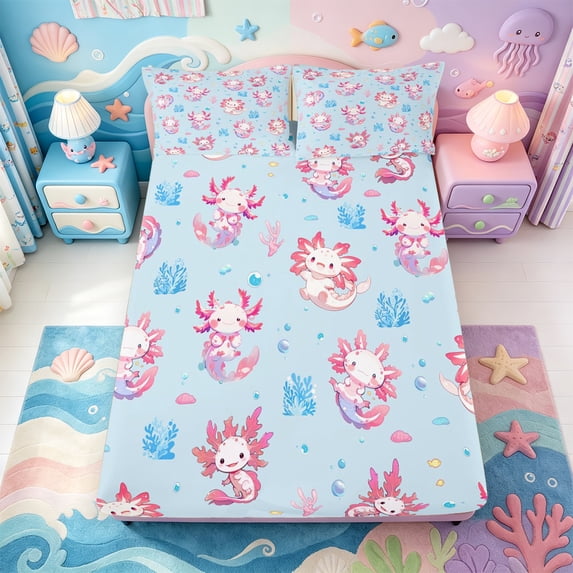 Manfei Colorful Axolotl Fitted Sheet Queen,Pastel Animal Bedding,3 Pieces,1 Fitted Sheet and 2 Pillowcases