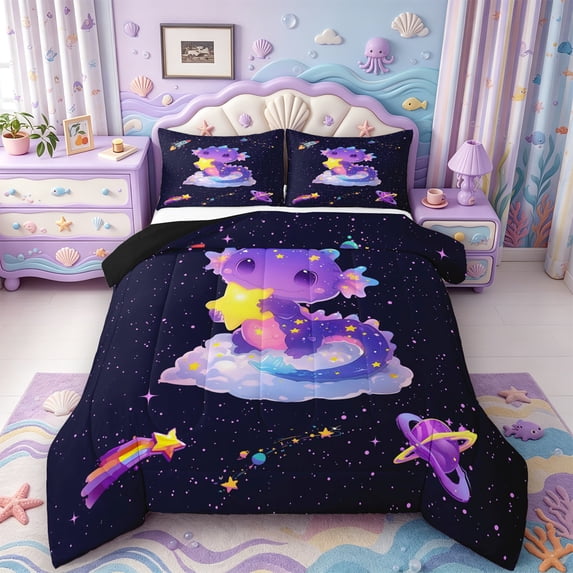 Manfei Colorful Axolotl Full Size Comforter Sets,Kawaii Animal Bedding Comforter Set,Black Reversible,3-Piece,1 Comforter and 2 Pillowcases