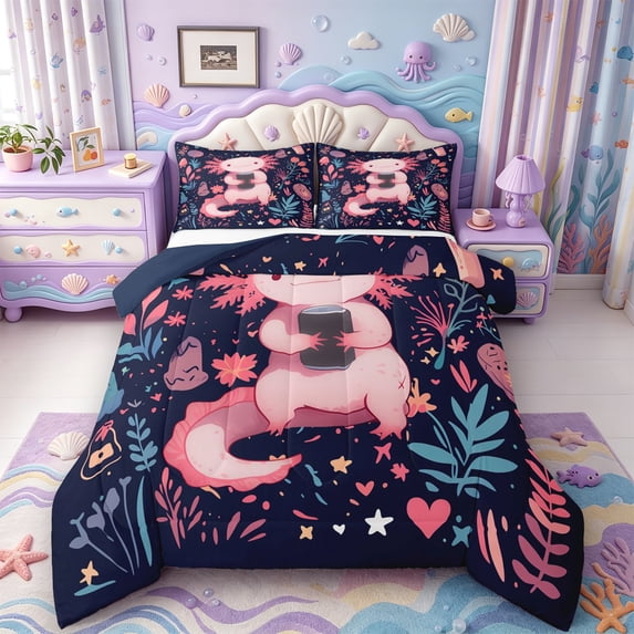 Manfei Colorful Axolotl King Size Comforter Sets,Kawaii Salamander Comforters King Size,Navy Blue Reversible,3-Piece,1 Comforter and 2 Pillowcases