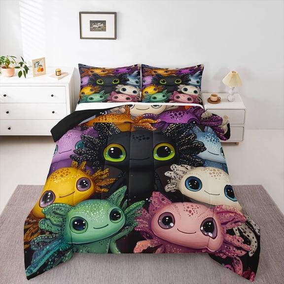 Manfei Colorful Axolotl Queen Comforter Set,Rainbow Cartoon Animals Comforter Sets Queen For Girls,Multi,Black Reversible,3-Piece,1 Comforter and 2 Pillowcases