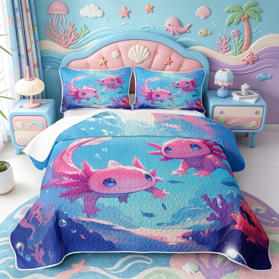 Manfei Colorful Axolotl Twin Quilt Set,Pastel Salamander Twin Coverlet Set,2-Piece,1 Bedspread and 1 Pillowcase