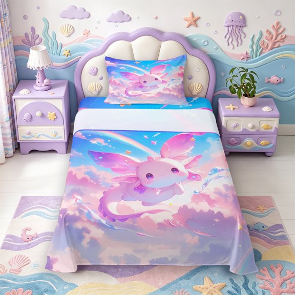 Manfei Colorful Axolotl Twin Sheets,Kawaii Animals Pattern Bedding,3-Piece,1 Flat Sheet,1 Fitted Sheet and 1 Pillowcase