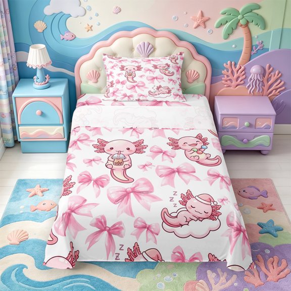 Manfei Colorful Axolotl Twin Sheets,Watercolor Ocean Animal Bedding,3pcs,1 Flat Sheet,1 Fitted Sheet and 1 Pillowcase
