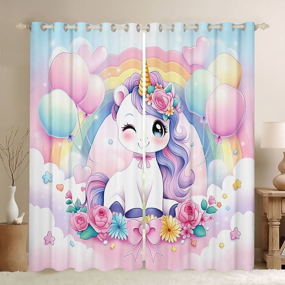 Manfei Colorful Balloons Kitchen Curtains,Kawaii Unicorn Black Out Curtains Pack of 2 (42x63 Each)