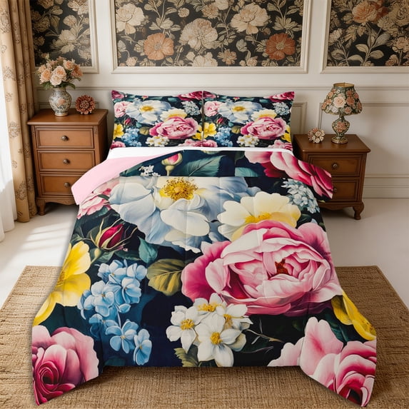 Manfei Colorful Blossom Full Size Comforter Sets 3-Piece,Spring Garden Bedding Comforter Set,1 Comforter and 2 Pillowcases,Reversible