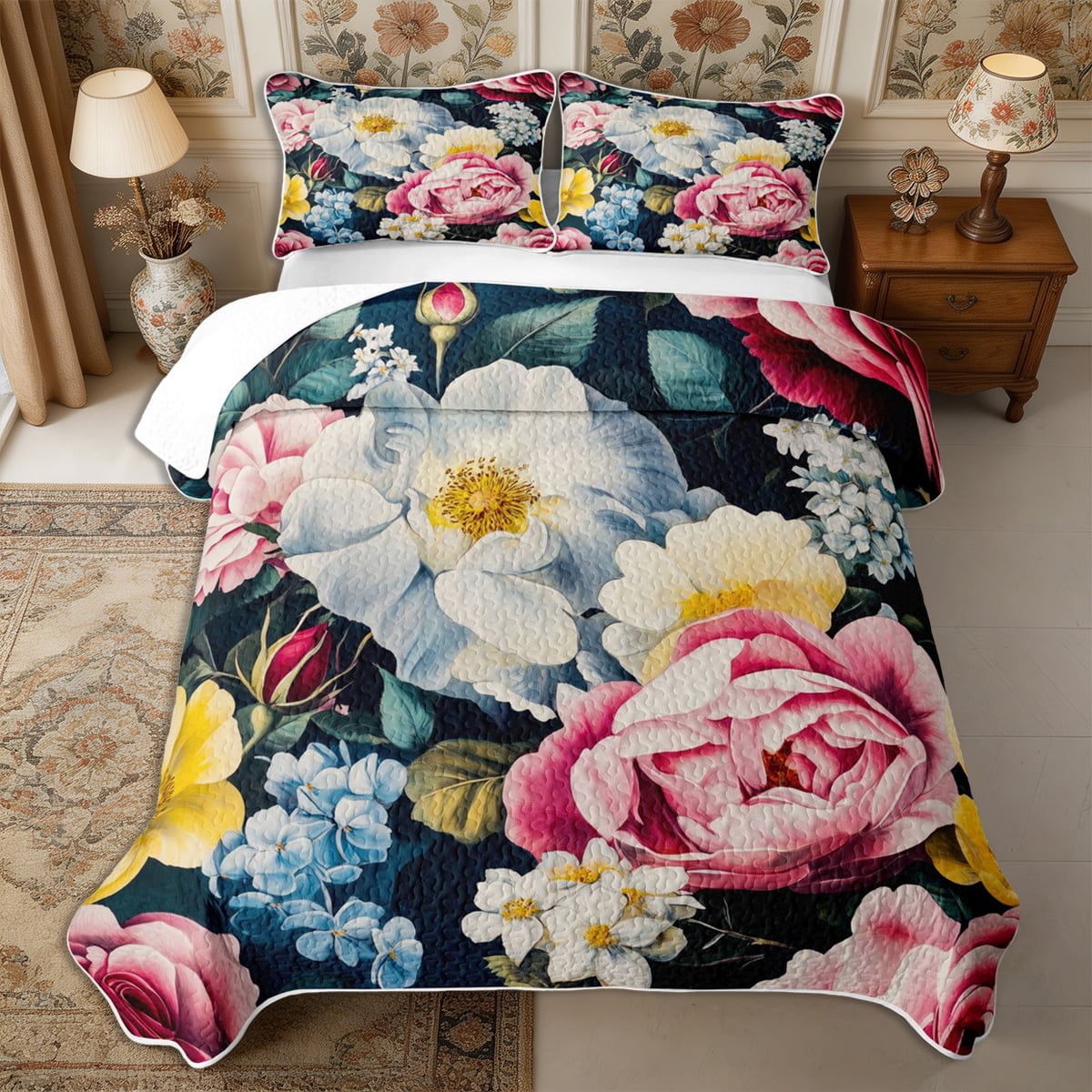 Spring Quilt Set Manfei Colorful Blossom Quilt Full 3-Piece,Spring Garden Full Bedspread ...