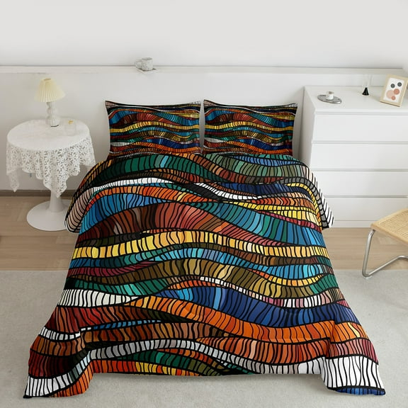 Manfei Colorful bohemian Stripes Bedding Comforter Set,Boho Theme Twin Comforter Sets,Modern Abstract Desgin Bedding Set For Men Women,Breathable Home Decor Reversible,2pcs