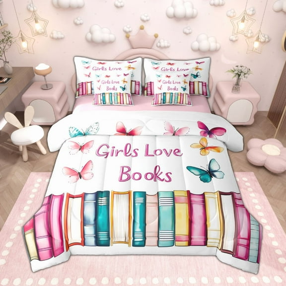 Manfei Colorful Books Bedding Comforter Set 7-Piece for Girls, Rainbow Butterfly King Bedding Sets, Preppy School Life Bed Sheets, Microfiber Bedroom Decor