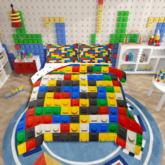 Manfei Colorful Brick 3-Piece Full Size Comforter Sets,Building Blocks Bedding Comforter Set,Construction Game Lightweight Bedding Sets,Luxury Kids Bedroom Decor,Reversible