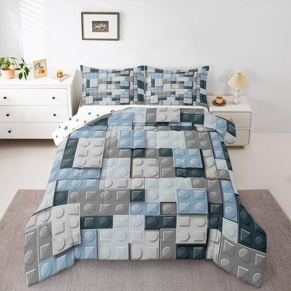 Manfei Colorful Brick 3 Pieces Queen Comforter Set,Building Blocks Ultra Soft Bedding Sets,Construction Game Bedding Comforter Set,Luxury Boys Bedroom Decor,Reversible