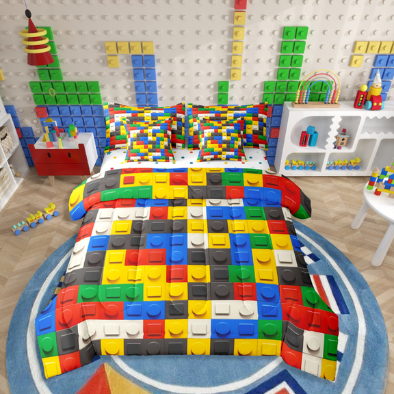Manfei Colorful Brick 7-Piece Twin Bedding Sets,Building Blocks Bedding Comforter Set,Construction Game Breathable Sheet Sets,Luxury Kids Bedroom Decor,Reversible