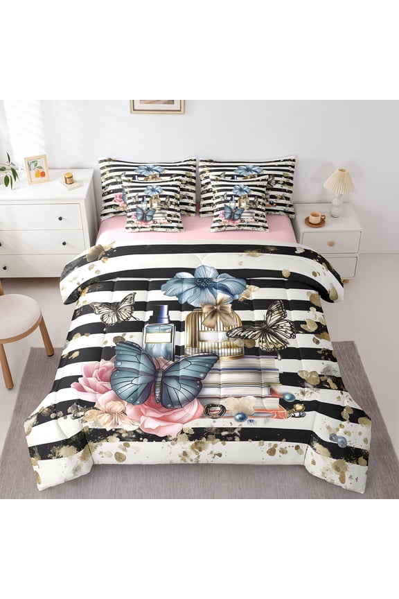 Colorful Butterflies 7-Piece Bedding Comforter Set,Fashion Girls Perfume King Bedding Sets,Gold Sequin Print Bed Sheets For Kids,Breathable Home Decor Reversible
