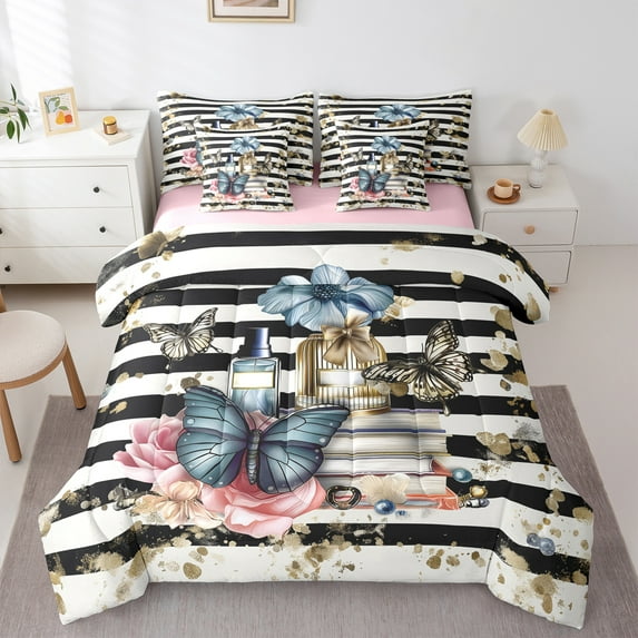 Manfei Colorful Butterflies 7-Piece Twin Bedding Sets,Fashion Girls Perfume Bedding Comforter Set,Gold Sequin Print Sheet Sets For Kids,Breathable Home Decor Reversible