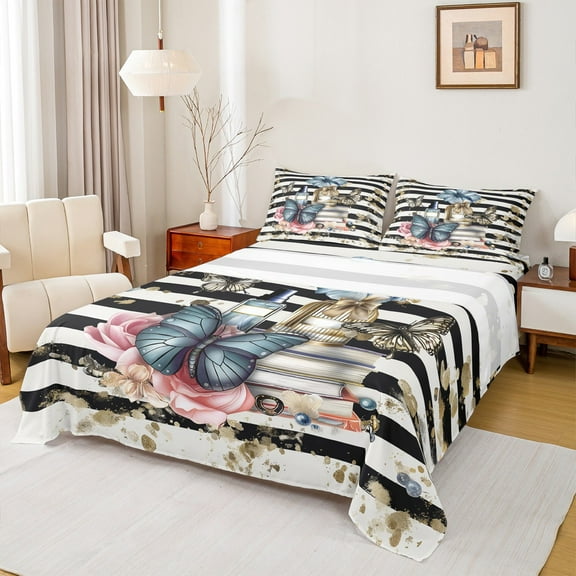 Manfei Colorful Butterflies Twin Sheet Sets,Fashion Girls Perfume Twin Fitted Sheet,Gold Sequin Print Flat Sheet For Kids,Breathable Home Decor,3 Pieces