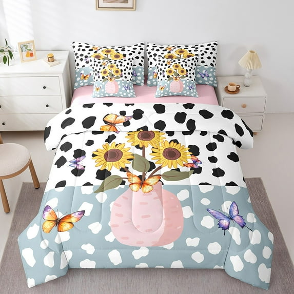 Manfei Colorful Butterfly 7 Pieces Bedding Comforter Set,Floral Sunflower Full Bedding Set Lightweight,Cow Print Fitted Sheet Flat Sheet,Lightweight Cartoon Room Decoration,Reversible