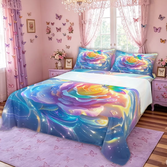 Manfei Colorful Butterfly Rose Bed Sheets, Aesthetic Floral King Sheets for Boys Girls Women Men, 4-Piece