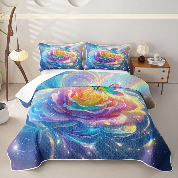 Manfei Colorful Butterfly Rose Twin Quilt Set, Aesthetic Floral Twin Coverlet Set for Boys Girls Women Men