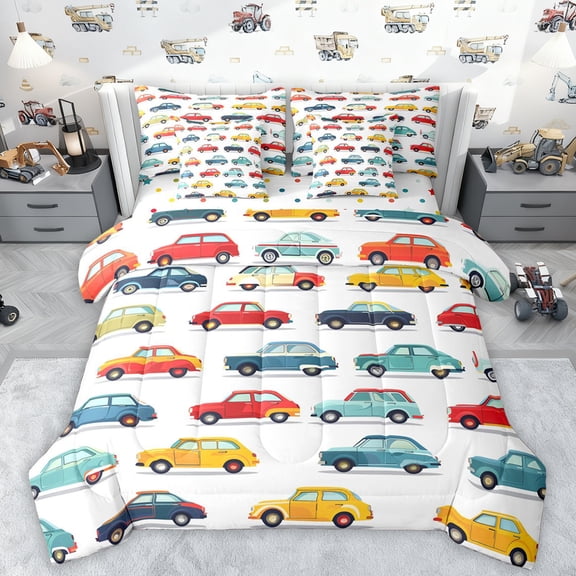 Manfei Colorful Car 7pcs Bedding Comforter Set,Traffic Vehicle Queen Bedding Sets,Red Blue Yellow Queen Sheet Sets For Girls Boys,Super Cozy Room Decor Reversible