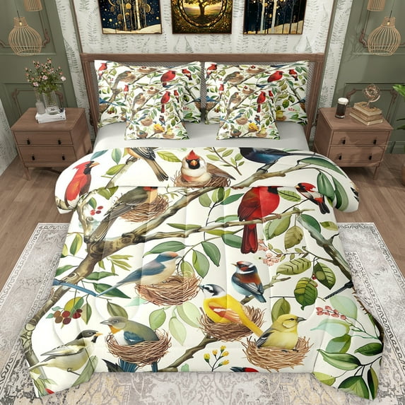Manfei Colorful Cardinal Birds 7-Piece Twin Bedding Sets,Rustic Plant Leaves Bedding Comforter Set,Green Beige Sheet Sets For Men Women,Breathable Home Decor Reversible