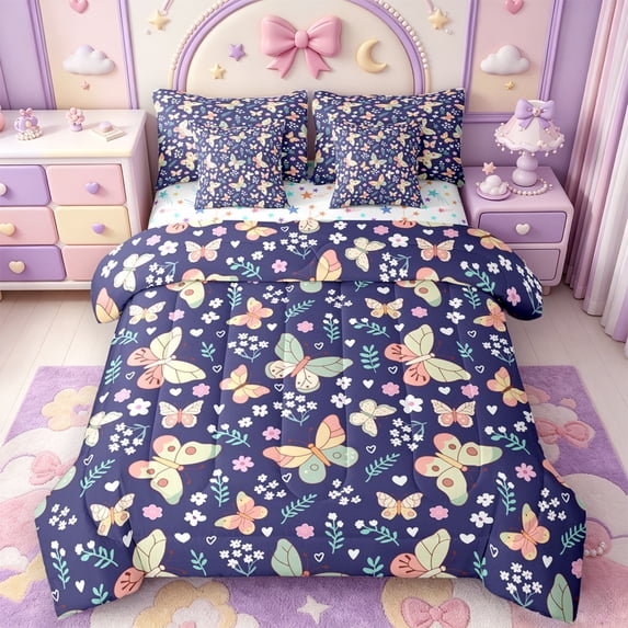 Manfei Colorful Cartoon Butterfly 7-Piece King Bedding,Rustic Plant Floral King Bed in a Bag,Colorful Stars Reversible