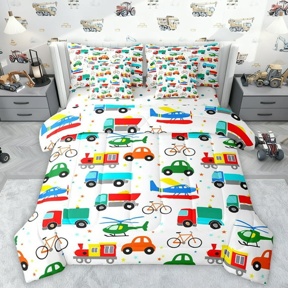 Manfei Colorful Cartoon Cars 7 Pieces Bedding Comforter Set,Modern Aircraft Aitplane Full Bedding Set,Cute Multicolor Stars Fitted Sheet Flat Sheet For Boys Girls,Super Cozy Room Decor Reversible