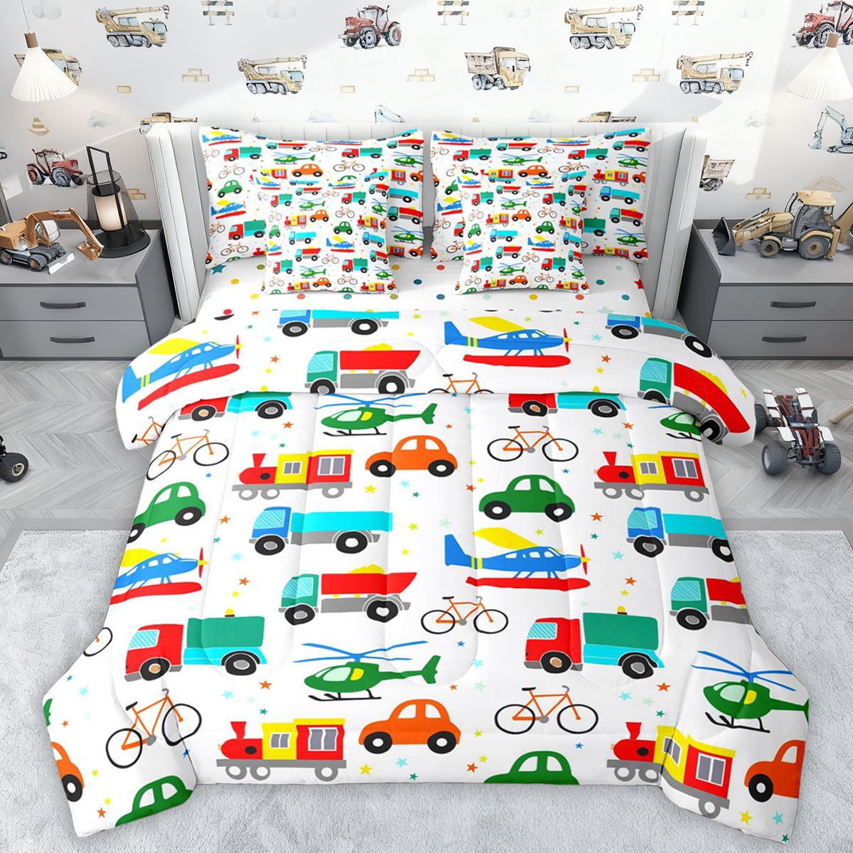 Manfei Colorful Cartoon Cars 7pcs Bedding Comforter Set,Modern Aircraft Aitplane Queen Bedding Sets,Cute Multicolor Stars Queen Sheet Sets For Boys Girls,Super Cozy Room Decor Reversible