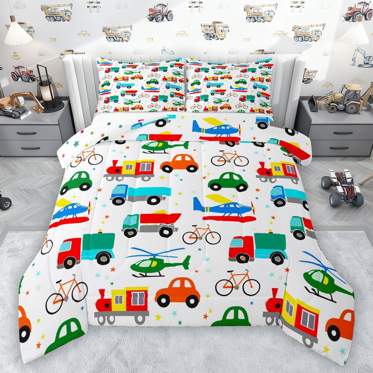 Manfei Colorful Cartoon Cars Bedding Comforter Set,Modern Aircraft Aitplane Twin Comforter Sets,Cute Multicolor Stars Bedding Set For Boys Girls,Super Cozy Room Decor Reversible,2pcs