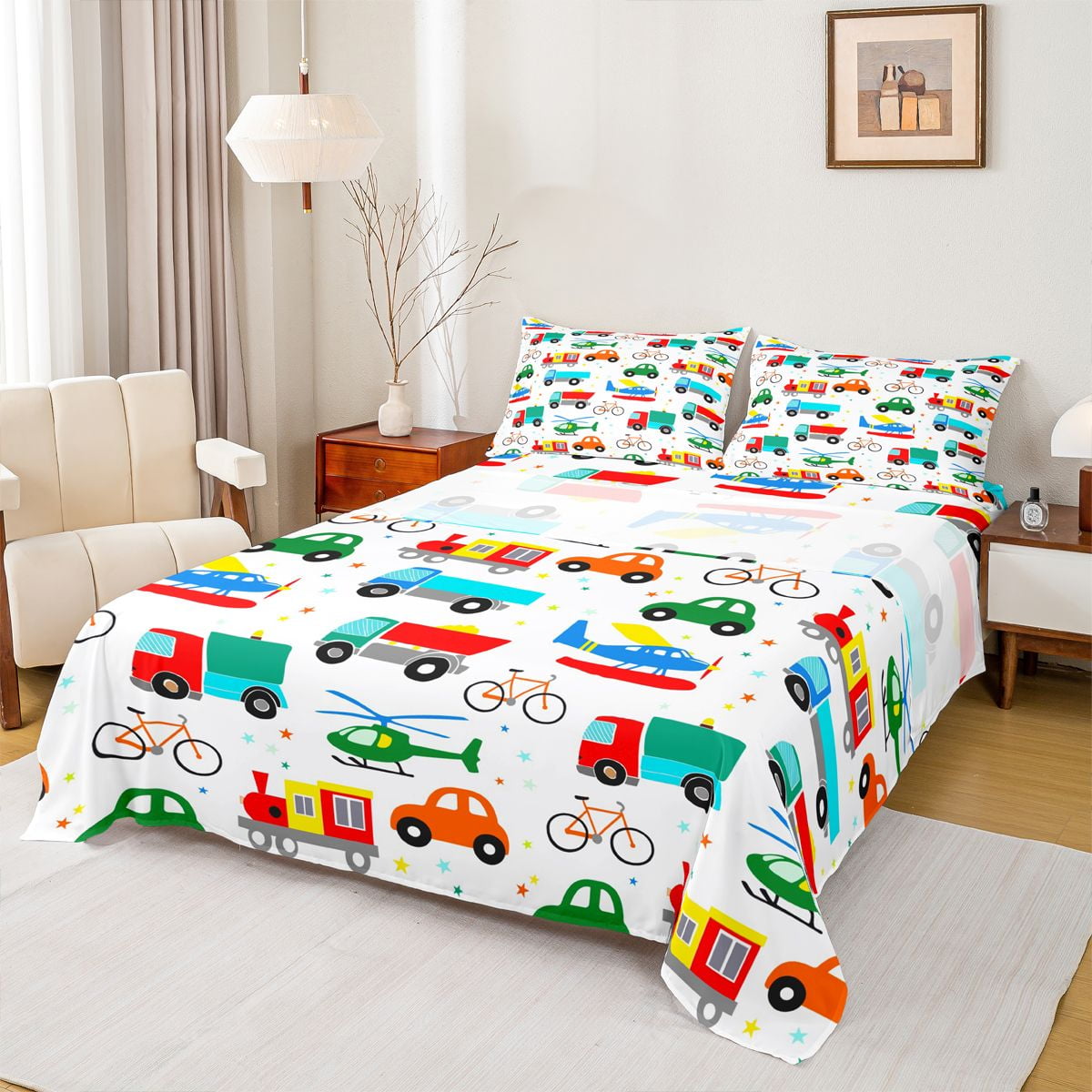 Manfei Colorful Cartoon Cars Full Size Sheets,Modern Aircraft Aitplane Bed Sheets,Cute Multicolor Stars Sheet Sets For Boys Girls,Super Cozy Room Decor,4-Piece