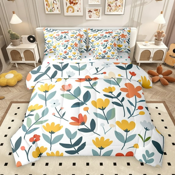 Manfei Colorful Cartoon Floral 7-Piece Bedding Comforter Set,Rustic Flower King Bedding Sets,White Green Orange Bed Sheets For Children,Super Cozy Room Decor Reversible
