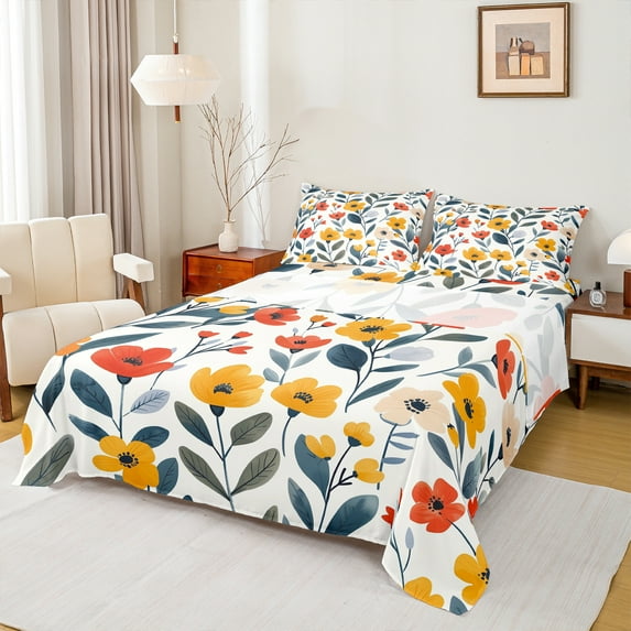 Manfei Colorful Cartoon Floral Bed Sheets,Rustic Flower King Sheets,Orange Green White Sheet Set For Children,Super Cozy Room Decor,4 Pieces