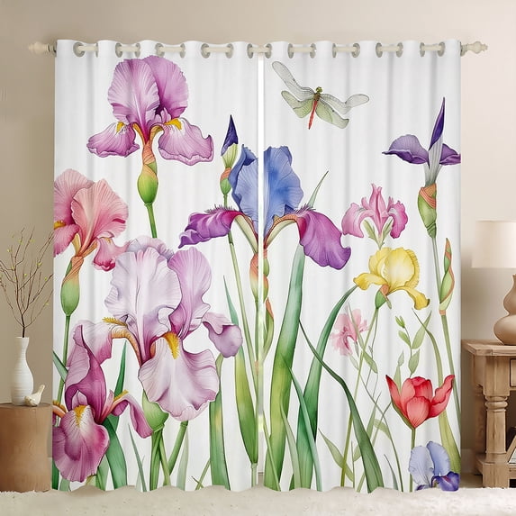 Manfei Colorful Cartoon Floral Black Out Curtains,Rustic Flower Curtains Pack of 2 (42x63 Each),Green Purple White Bedroom Curtains For Children,Super Cozy Room Decor
