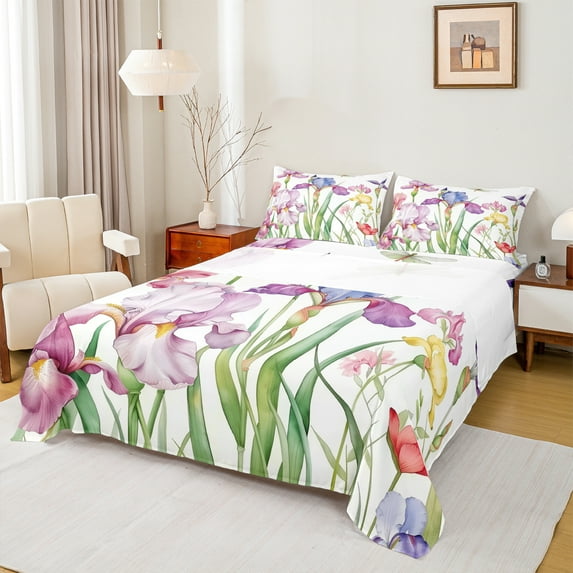 Manfei Colorful Cartoon Floral Queen Sheet Sets,Rustic Flower Flat Sheet,Green Purple White Queen Fitted Sheet For Children,Super Cozy Room Decor,4 Pieces