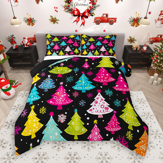 Manfei Colorful Christmas Tree Full Size Comforter Sets 3-Piece for Kids, Merry Xmas Snowflake Bedding Comforter Set, Festival Happy New Year Bedding Sets, Luxury Bedroom Decor