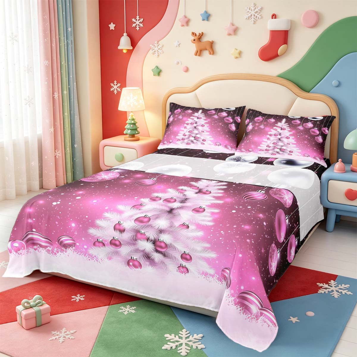 Manfei Colorful Christmas Tree Queen Sheets,Snowflake Design Queen ...