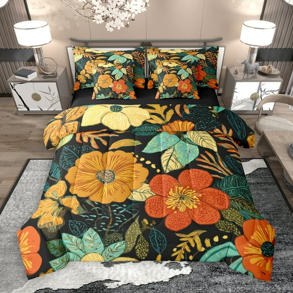 Manfei Colorful Country Floral 7-Piece Twin Bedding Sets,Boho Bohemian Bedding Comforter Set,Orange Green Sheet Sets For Girls Kids,Super Cozy Room Decor Reversible