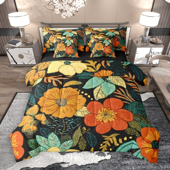 Manfei Colorful Country Floral 7-Piece Twin Bedding Sets,Boho Bohemian Bedding Comforter Set,Orange Green Sheet Sets For Girls Kids,Super Cozy Room Decor Reversible