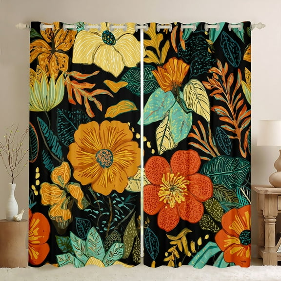 Manfei Colorful Country Floral Black Out Curtains,Boho Bohemian Curtains Pack of 2 (42x63 Each),Orange Green Bedroom Curtains For Girls Kids,Super Cozy Room Decor