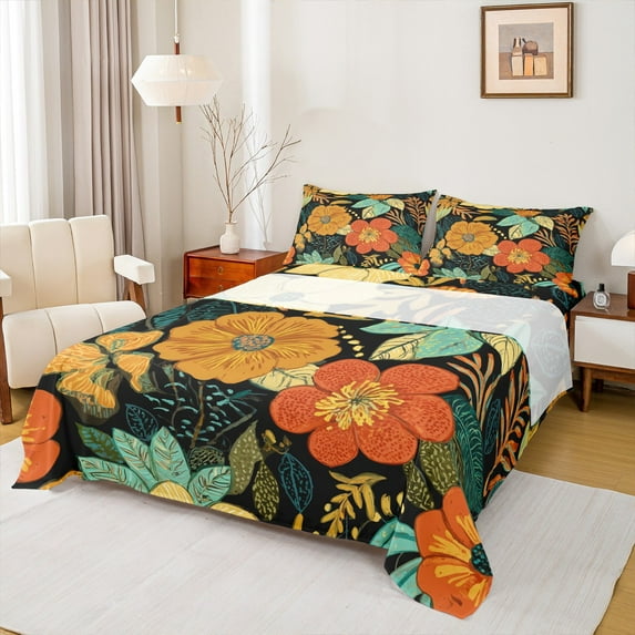Manfei Colorful Country Floral Twin Sheet Sets,Boho Bohemian Twin Fitted Sheet,Orange Green Flat Sheet For Girls Kids,Super Cozy Room Decor,3 Pieces