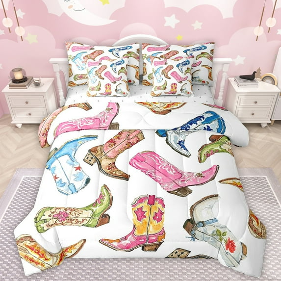 Manfei Colorful Cowgirl Boots 7 Pieces Bedding Comforter Set,Boho Exotic Style Full Bedding Set,Rustic Western Cowboy Fitted Sheet Flat Sheet For Girl Boys,Luxury Bedroom Decor Reversible