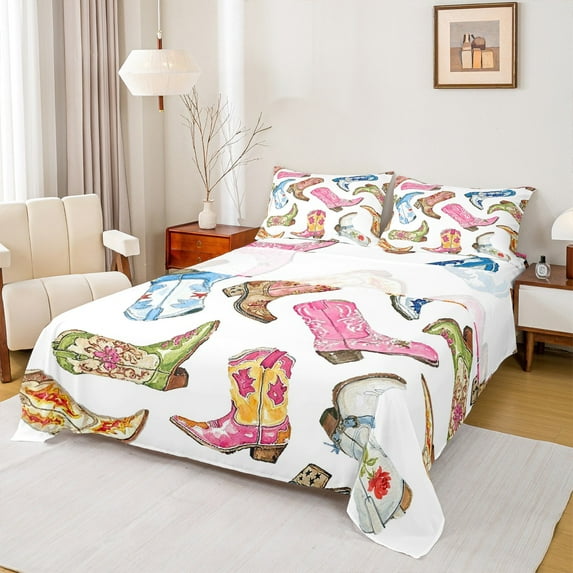 Manfei Colorful Cowgirl Boots Queen Sheet Sets,Boho Exotic Style Flat Sheet,Rustic Western Cowboy Queen Fitted Sheet For Girl Boys,Luxury Bedroom Decor,4 Pieces