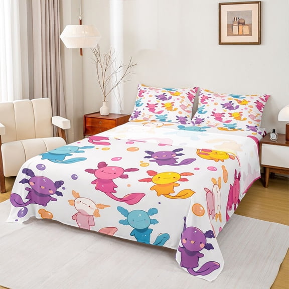 Manfei Colorful Cute Axolotl Bed Sheets,Kawaii Sea Salamander King Sheets,Cartoon Ocean Animal Sheet Set For Girls Kids,Breathable Home Decor,4pcs