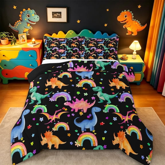 Manfei Colorful Cute Dinosaur Queen Comforter Set,Jungle Animal Bedding Sets,Rainbow Flower Floral Bedding Comforter Set For Teens,Super Cozy Room Decor Reversible,3 Pieces