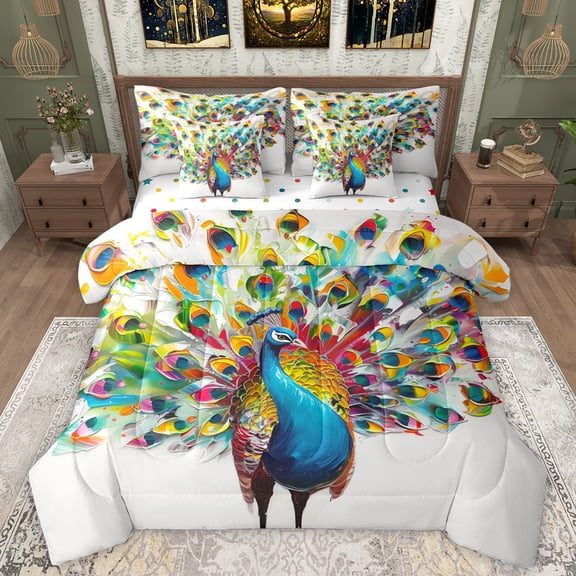 Manfei Colorful Cute Peacock 7pcs Bedding Comforter Set,Zoo Animal Queen Bedding Sets,Oil Painting Aesthetic Queen Sheet Sets For Girls Kids,Luxury Bedroom Decor Reversible