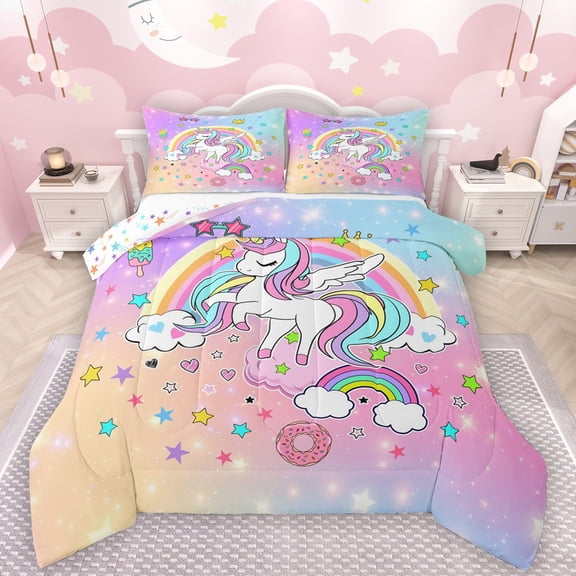 Manfei Colorful Cute Unicorn Bedding Comforter Set,Cartoon Rainbow Stars Twin Comforter Sets,Sweet Doughnut Ice Cream Bedding Set For Girls Kids,Ultra Soft Home Decor Reversible,2-Piece