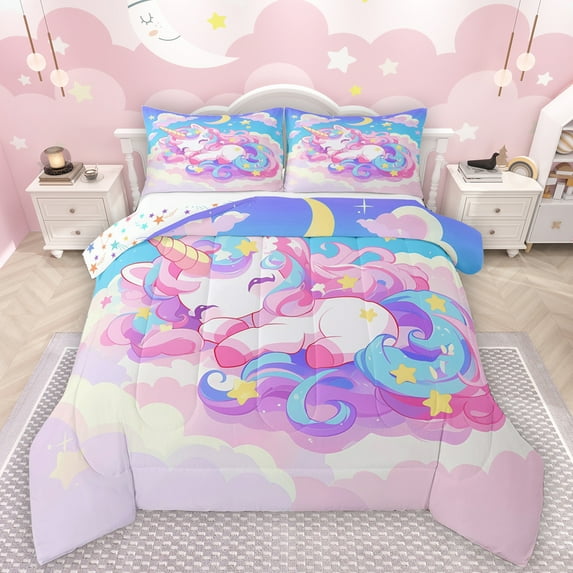 Manfei Colorful Cute Unicorn Bedding Comforter Set,Magic Animal Twin Comforter Sets,Pink Blue Purple Bedding Set For Girls Kids,Ultra Soft Home Decor Reversible,2pcs